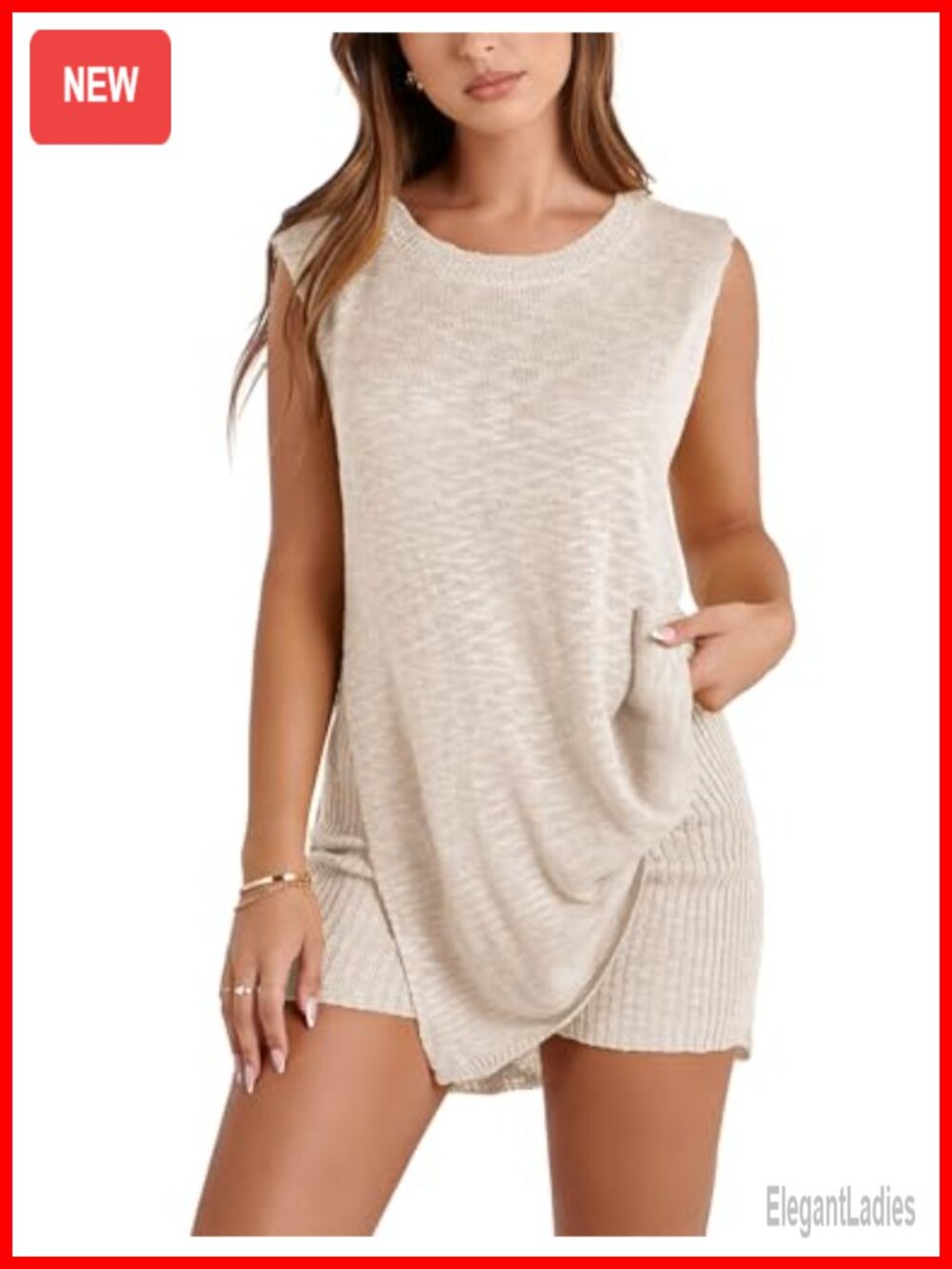 Women's Sleeveless Knit Sweater & Shorts Set Boat Neck Pullover Beach Vacation